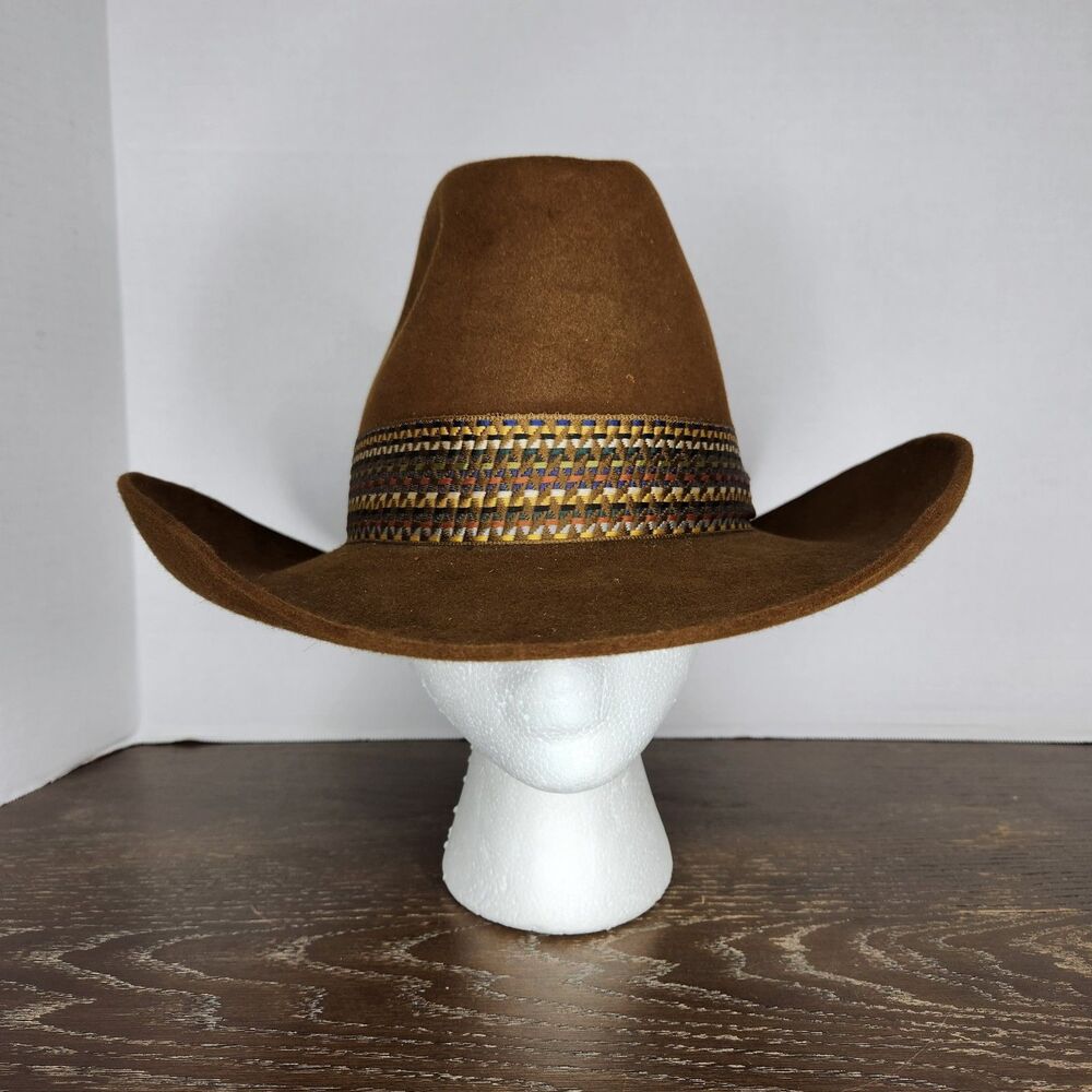 Vintage John B Stetson 4X Beaver Brown Western Cowboy Hat sz 6 7/8 Colorful Band